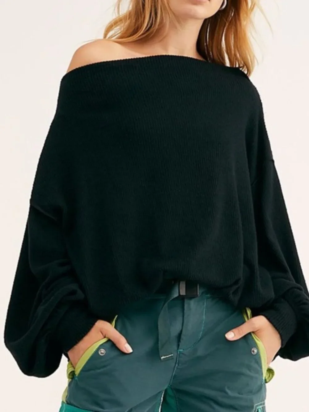 Free People Main Squeeze Hacci Oversized Black Ribbed Knit Size L